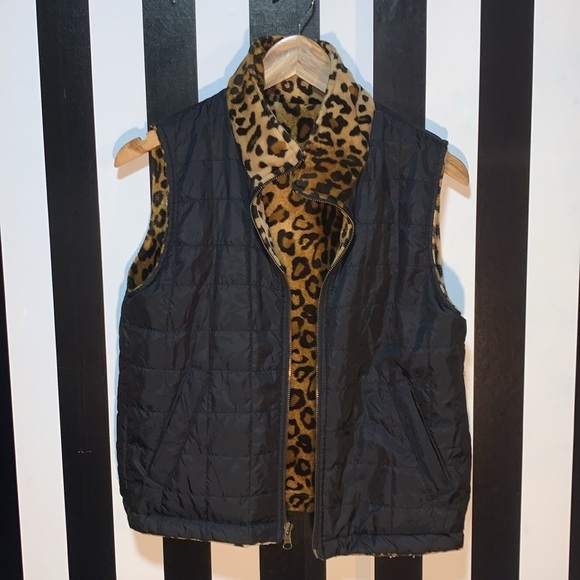 Vintage Reversible Black/Leopard Print Winter Puffy Vest 90s y2k Aesthetic Small - Picture 2 of 14